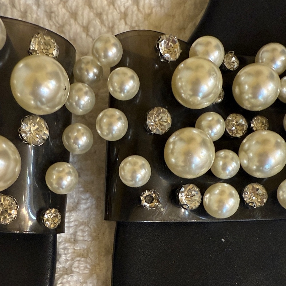 Tahari Black Slide Sandals with Pearl & Crystal Accents - Picture 7 of 7